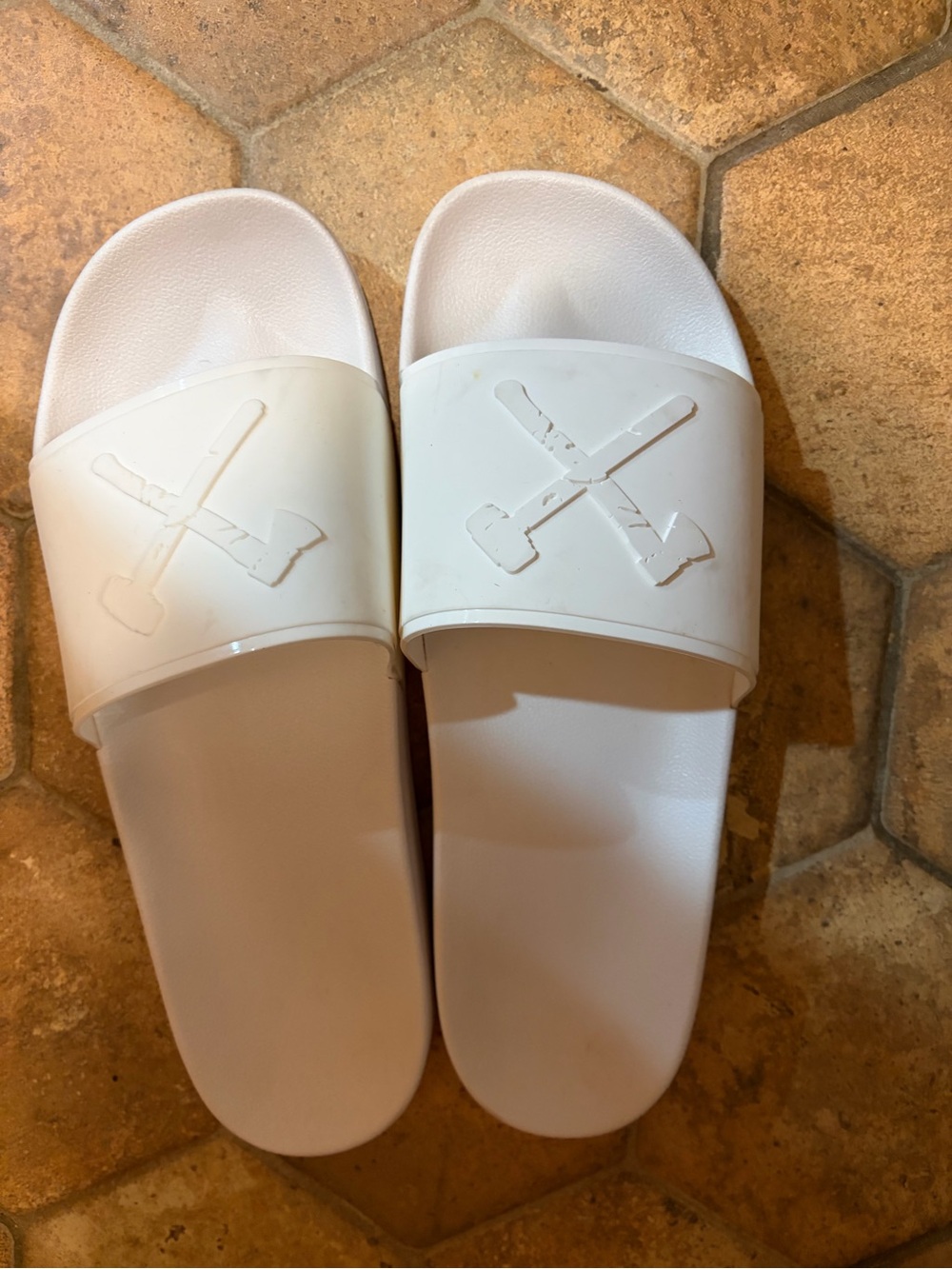 Men’s White Slide Sandals with Crossed Axe Accent